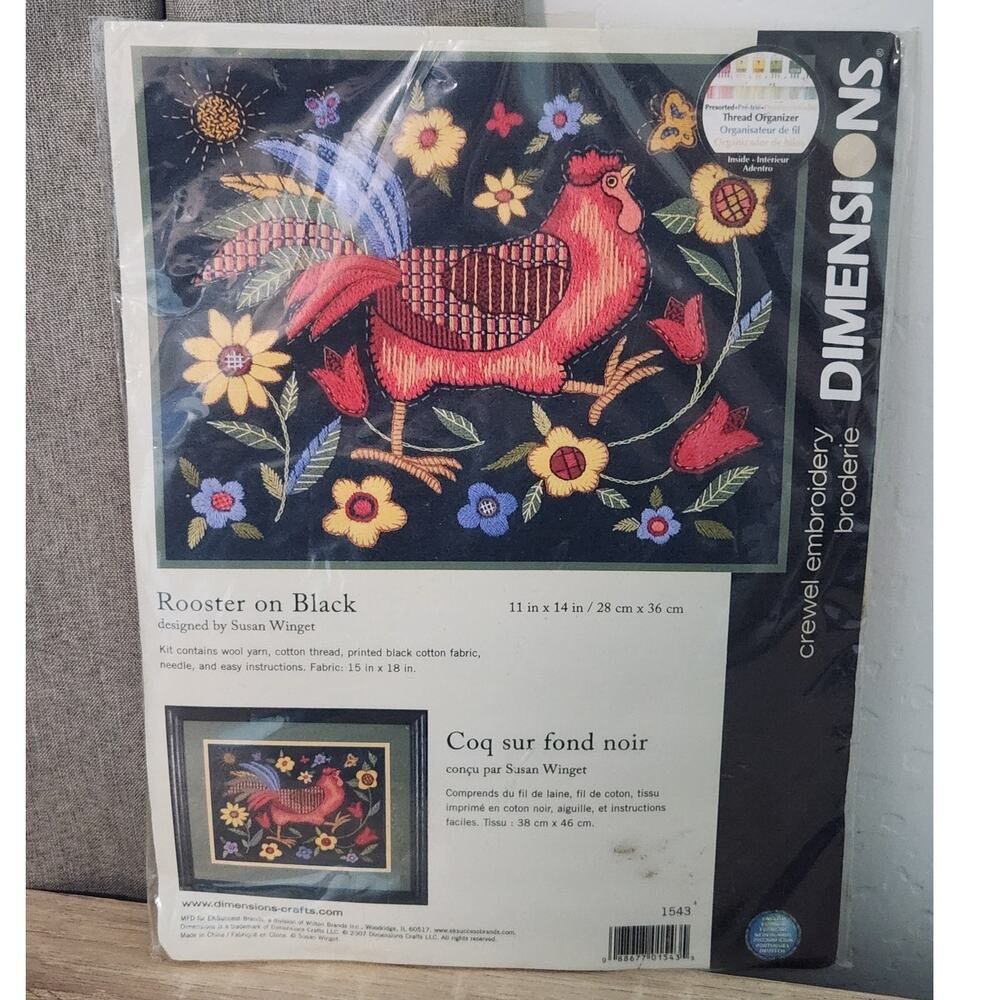 Dimensions Crewel Embroidery Kit Rooster On Black Susan Wright Cottage Core